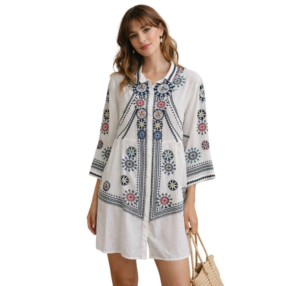 Biya by Johnny Was‎ Silk Embroidered Shirt Dress White Size M NWT
